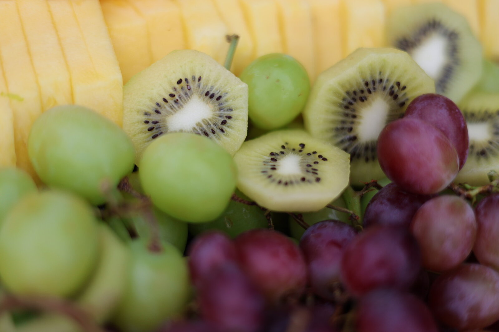 Close-up of grapes, kiwi and cantaloupe